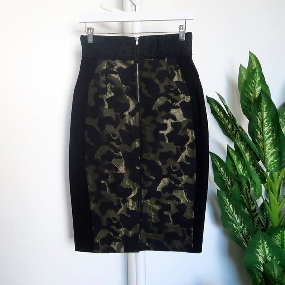 Anthropologie Maeve Jacquard Camo Khaki & Black Side Stripe Pencil Skirt 4 - Picture 6 of 16